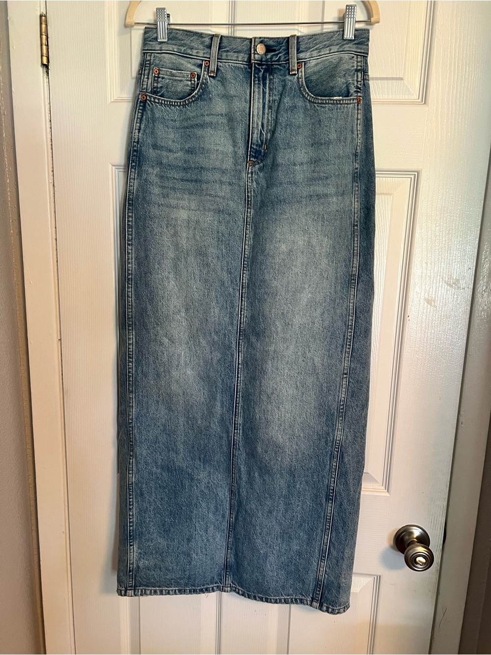 Denim Forum Women's Long Washed Blue Denim Maxi Skirt